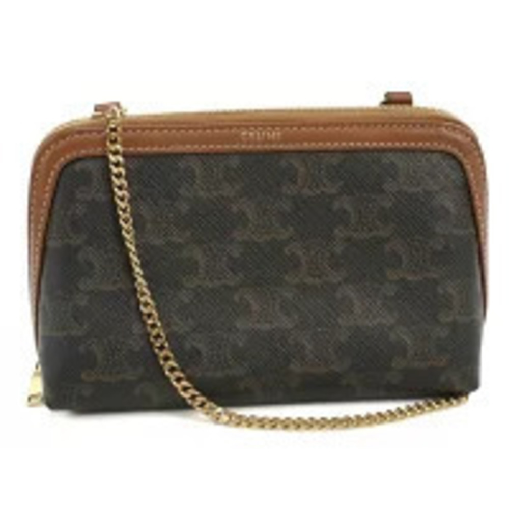 Celine Crossbody Bag Triomphe Canvas Chain Clutch Brown